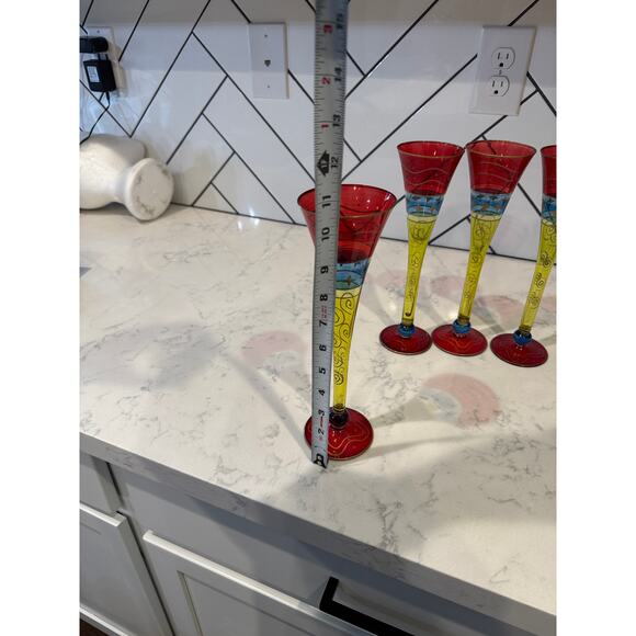 Pier 1 Fluted Champagne Glasses Set Red Blue Yellow Gold Swirls star Stemware x4 - Picture 8 of 8